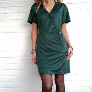 Zara Emerald Green Velvet Velour Short Sleeve Button Dress Women's Size S